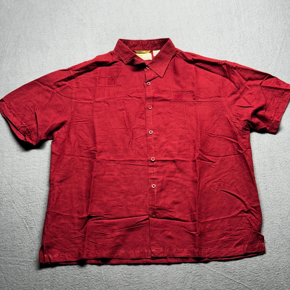 Cubavera Mens XXL Red Linen Blend Short Sleeve Embroidered Camp Shirt Burgundy